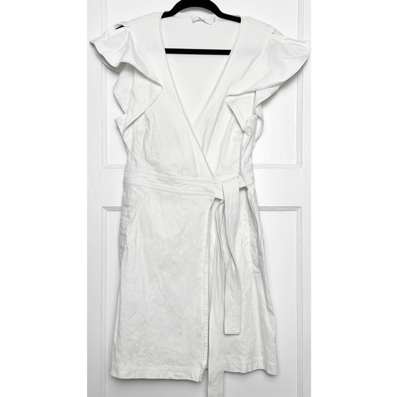 ALC Linen Blend Ruffled Flutter Short Sleeve Tie Waist V-Neck Mini Wrap Dress 10 - Picture 10 of 16